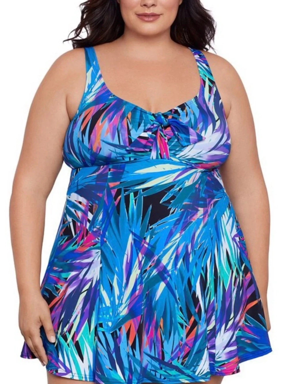 Swim Solutions Bow Front Multicolor Blue Tropical One-Piece Swimdress - Picture 3 of 6